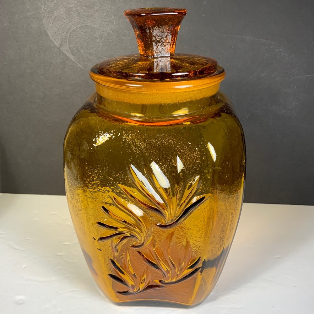Vintage L.E. Smith Canister Sandscroll Amber Glass 1960's Jar MCM 11 Tall #N1